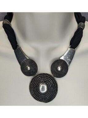 Goth 90s Brutalist VCLM Statement Necklace Black Silver Tone Mesh Disc Collar